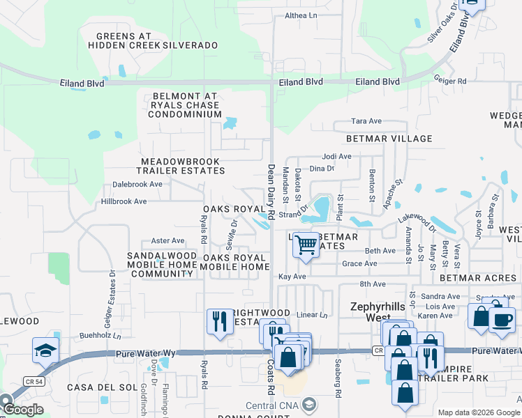 map of restaurants, bars, coffee shops, grocery stores, and more near 36428 Malibu Way in Zephyrhills
