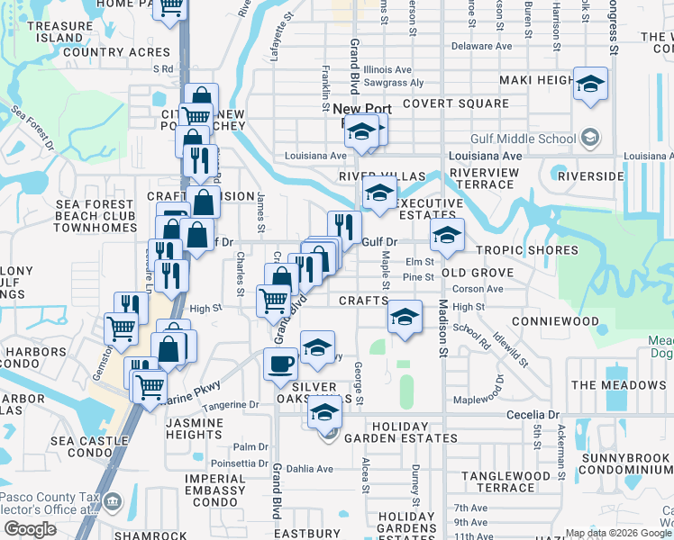 map of restaurants, bars, coffee shops, grocery stores, and more near 5647 Pine Street in Port Richey