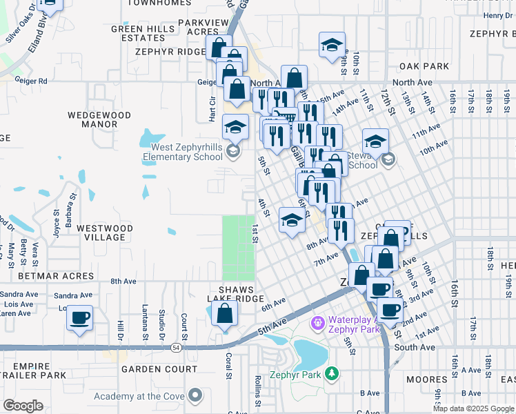 map of restaurants, bars, coffee shops, grocery stores, and more near 38011 11th Avenue in Zephyrhills