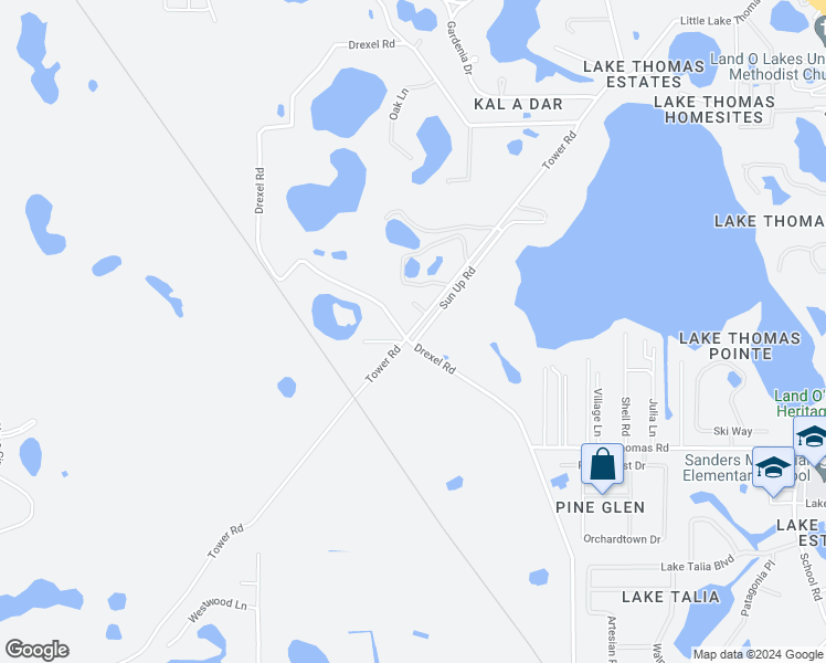 map of restaurants, bars, coffee shops, grocery stores, and more near 5513 Tower Road in Land O' Lakes