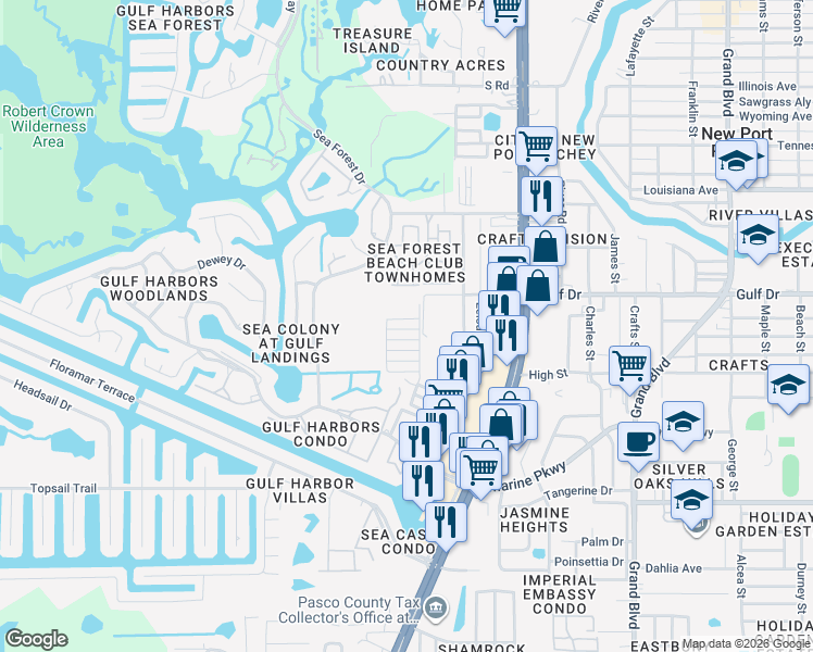 map of restaurants, bars, coffee shops, grocery stores, and more near 4930 Hazner Street in New Port Richey