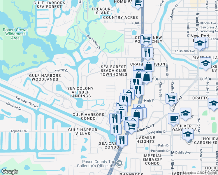 map of restaurants, bars, coffee shops, grocery stores, and more near 4930 Hazner Street in New Port Richey