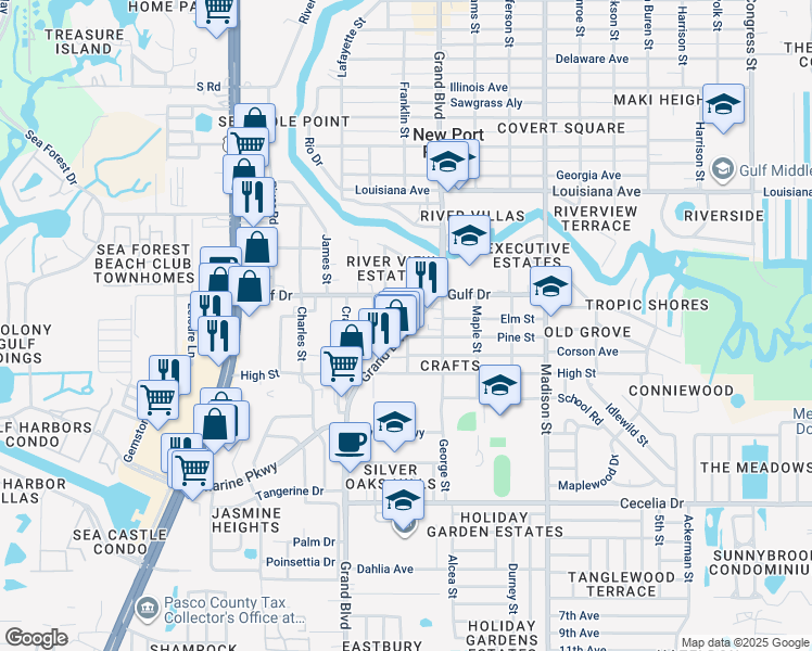 map of restaurants, bars, coffee shops, grocery stores, and more near 5647 Pine Street in Port Richey