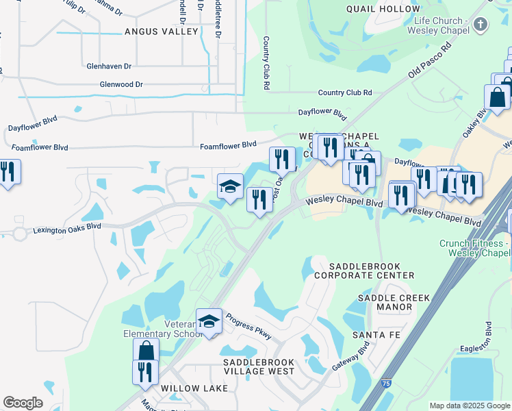 map of restaurants, bars, coffee shops, grocery stores, and more near 5561 Post Oak Boulevard in Wesley Chapel