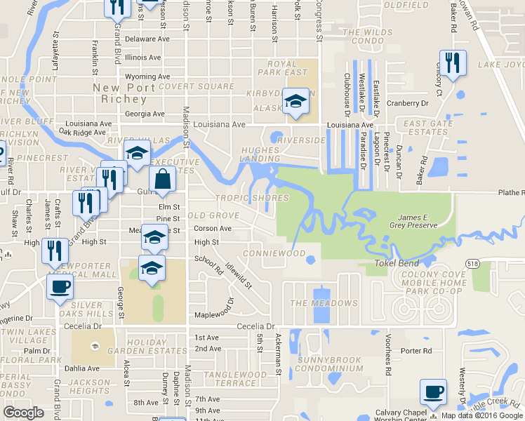 map of restaurants, bars, coffee shops, grocery stores, and more near 6245 Warren Avenue in New Port Richey