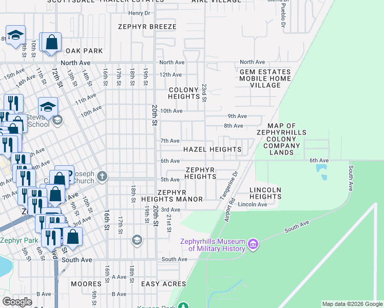 map of restaurants, bars, coffee shops, grocery stores, and more near 39150 6th Avenue in Zephyrhills