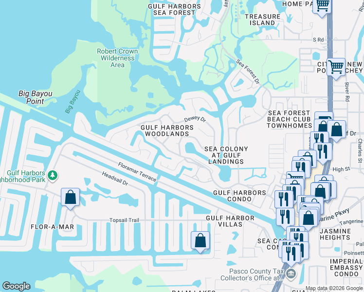 map of restaurants, bars, coffee shops, grocery stores, and more near 4405 Marine Parkway in Port Richey