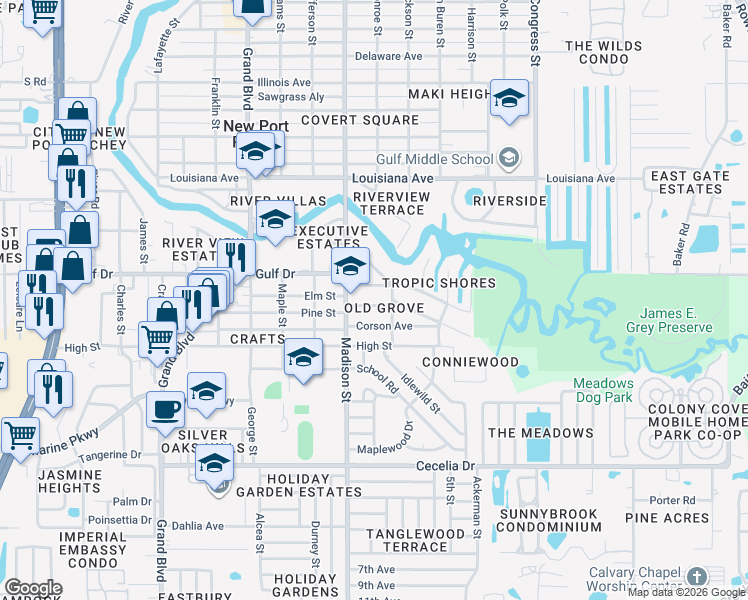 map of restaurants, bars, coffee shops, grocery stores, and more near 6026 Arthur Avenue in New Port Richey