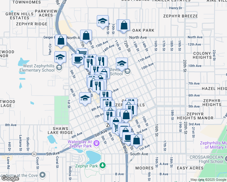 map of restaurants, bars, coffee shops, grocery stores, and more near 38343 9th Avenue in Zephyrhills