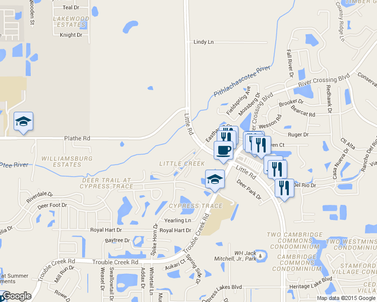 map of restaurants, bars, coffee shops, grocery stores, and more near 8549 Shallow Creek Court in New Port Richey