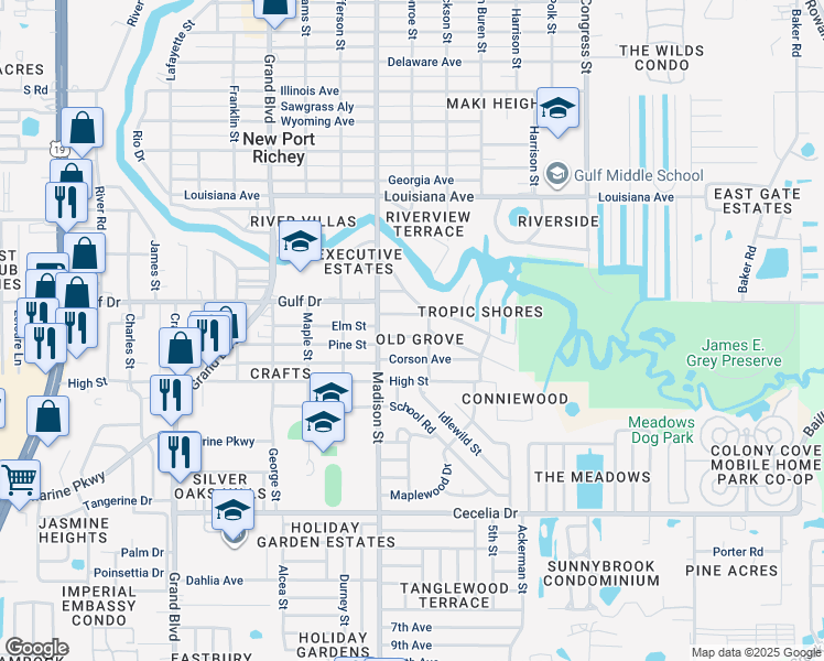 map of restaurants, bars, coffee shops, grocery stores, and more near 6026 Arthur Avenue in New Port Richey