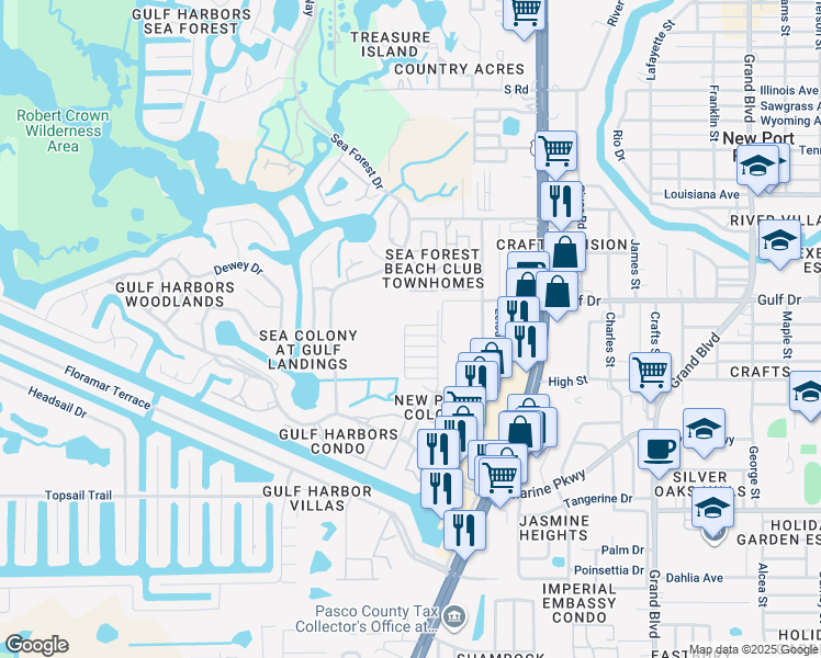 map of restaurants, bars, coffee shops, grocery stores, and more near 4930 Hazner Street in New Port Richey