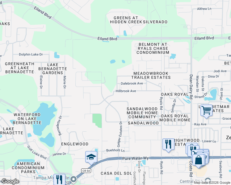 map of restaurants, bars, coffee shops, grocery stores, and more near 35860 Hillbrook Avenue in Zephyrhills