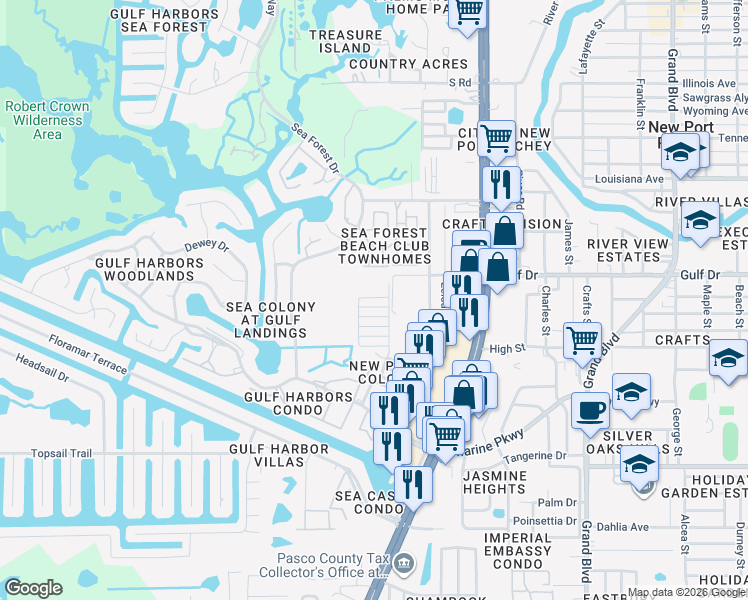map of restaurants, bars, coffee shops, grocery stores, and more near 4930 Hazner Street in New Port Richey