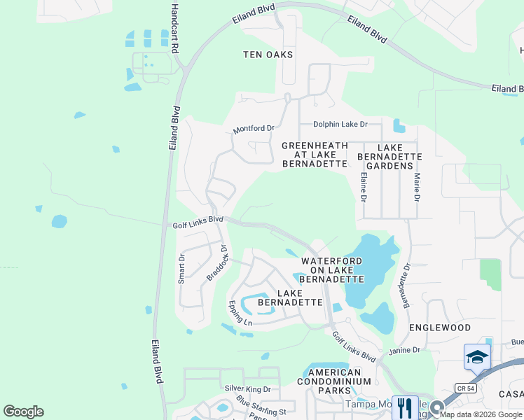 map of restaurants, bars, coffee shops, grocery stores, and more near 34830 Turnbury Court in Zephyrhills