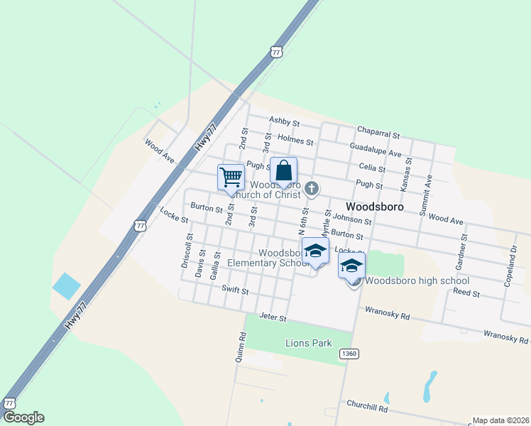 map of restaurants, bars, coffee shops, grocery stores, and more near 314 Burton Street in Woodsboro