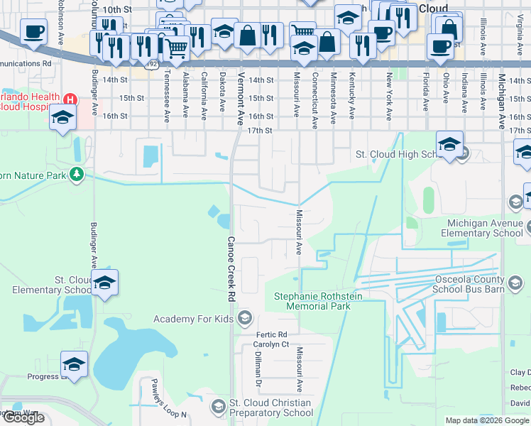 map of restaurants, bars, coffee shops, grocery stores, and more near 2256 Missouri Avenue in St. Cloud
