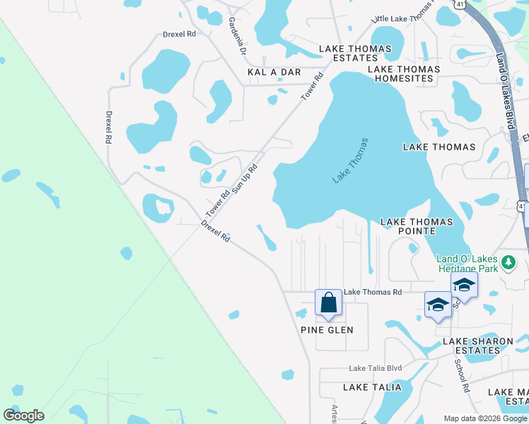 map of restaurants, bars, coffee shops, grocery stores, and more near 5504 Sun Up Road in Land O' Lakes