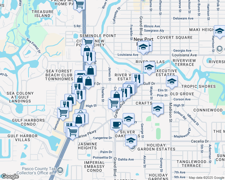 map of restaurants, bars, coffee shops, grocery stores, and more near 25 Crafts Street in New Port Richey