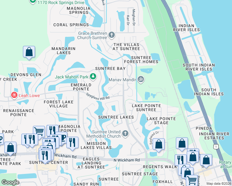 map of restaurants, bars, coffee shops, grocery stores, and more near 7440 Spyglass Hill Road in Melbourne