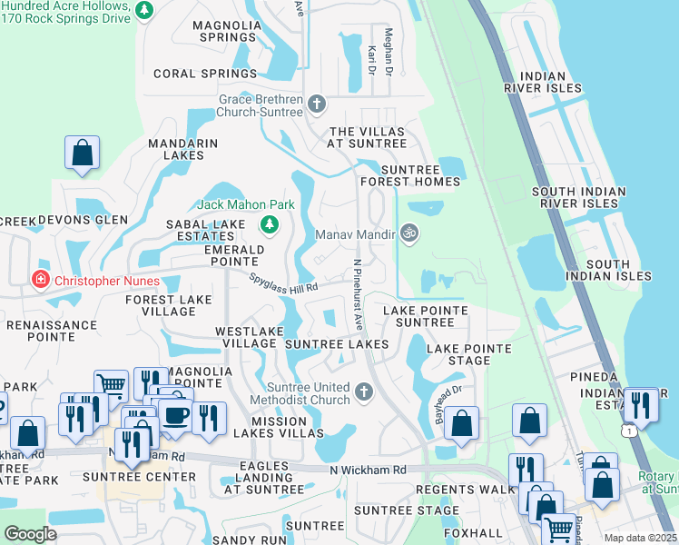 map of restaurants, bars, coffee shops, grocery stores, and more near 7434 Spyglass Hill Road in Melbourne