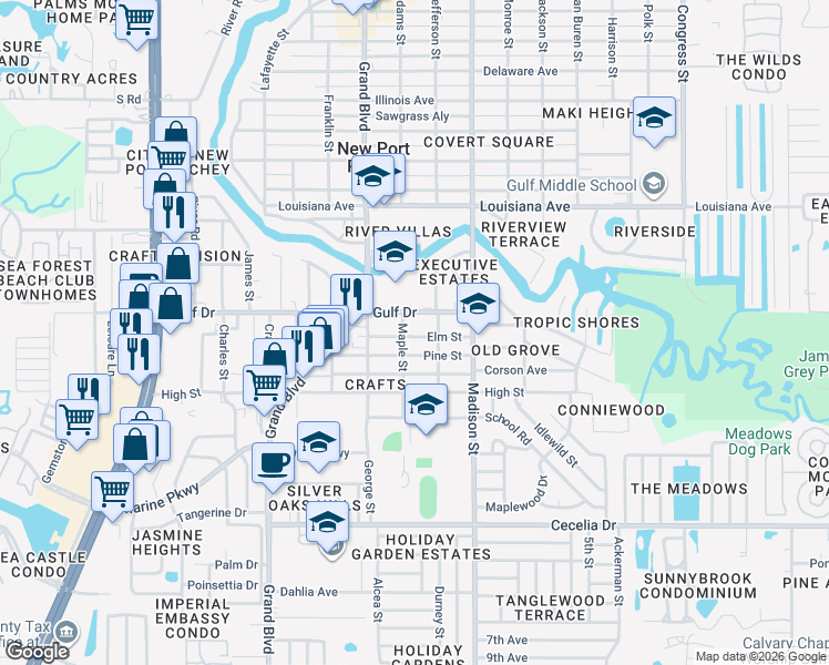 map of restaurants, bars, coffee shops, grocery stores, and more near 5839 Pine Street in New Port Richey