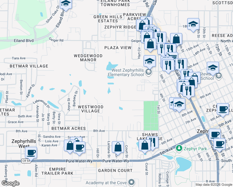 map of restaurants, bars, coffee shops, grocery stores, and more near 37645 11th Avenue in Zephyrhills