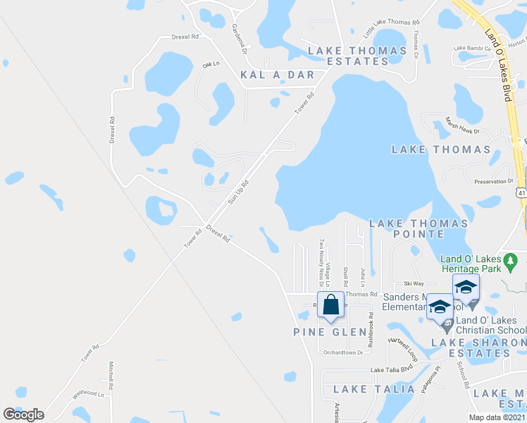 map of restaurants, bars, coffee shops, grocery stores, and more near 5504 Sun Up Road in Land O' Lakes