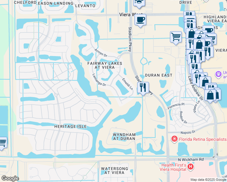 map of restaurants, bars, coffee shops, grocery stores, and more near 3318 Lamanga Drive in Melbourne