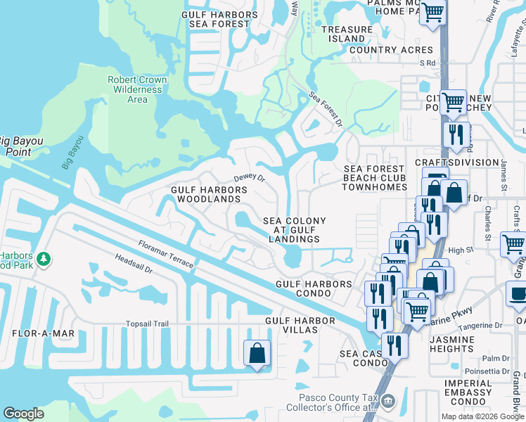 map of restaurants, bars, coffee shops, grocery stores, and more near 4568 Mitcher Road in Port Richey