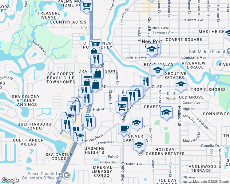 map of restaurants, bars, coffee shops, grocery stores, and more near 5407 Charles Street in New Port Richey