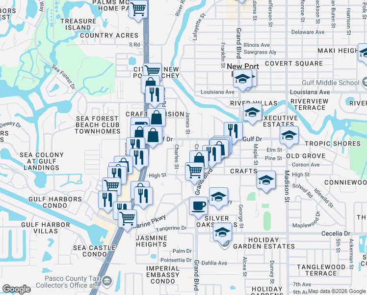 map of restaurants, bars, coffee shops, grocery stores, and more near 5407 Charles Street in New Port Richey