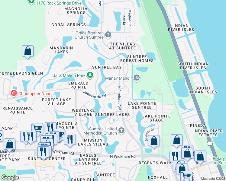 map of restaurants, bars, coffee shops, grocery stores, and more near 7444 Spyglass Hill Road in Melbourne