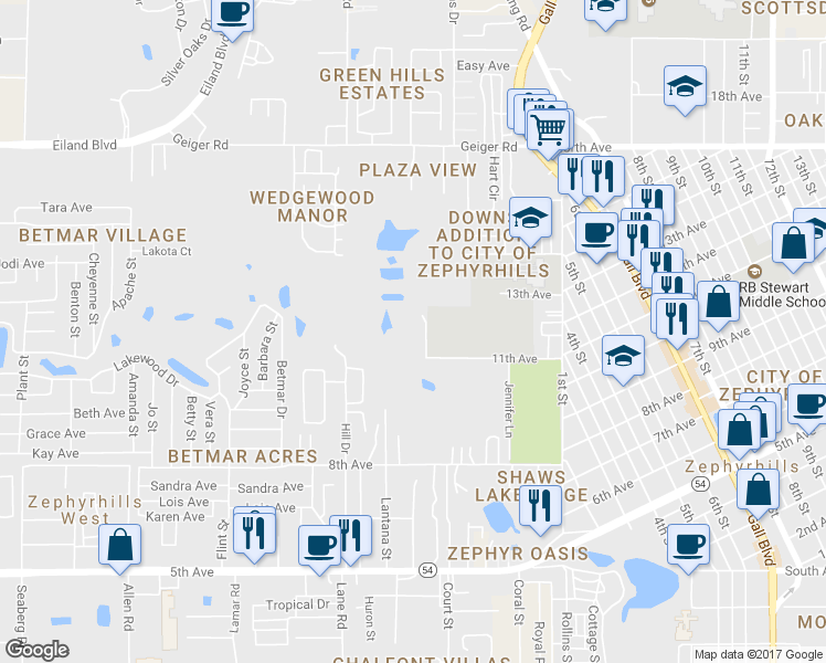 map of restaurants, bars, coffee shops, grocery stores, and more near 37645 11th Avenue in Zephyrhills