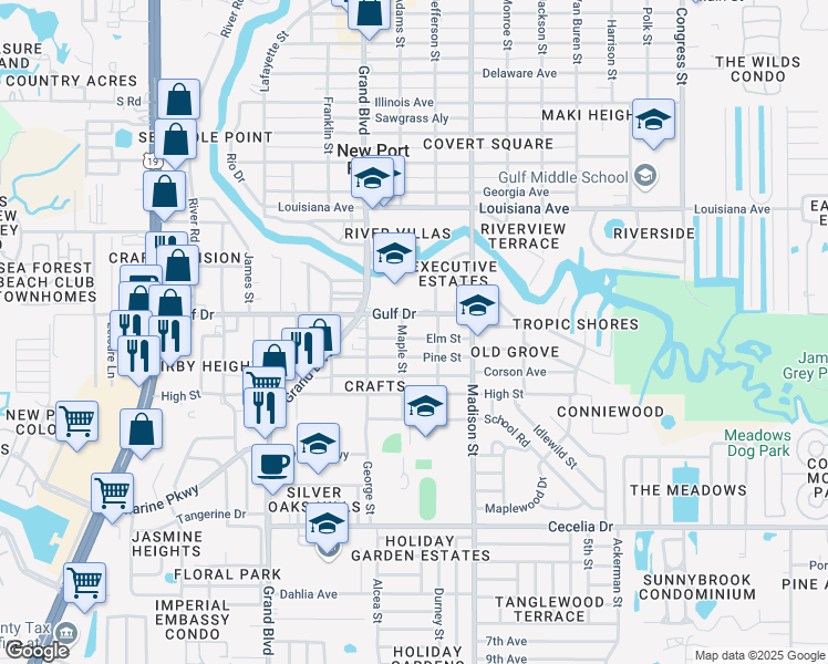 map of restaurants, bars, coffee shops, grocery stores, and more near 5835 Elm Street in New Port Richey