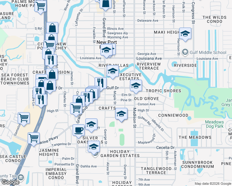 map of restaurants, bars, coffee shops, grocery stores, and more near 5511 Executive Drive in New Port Richey
