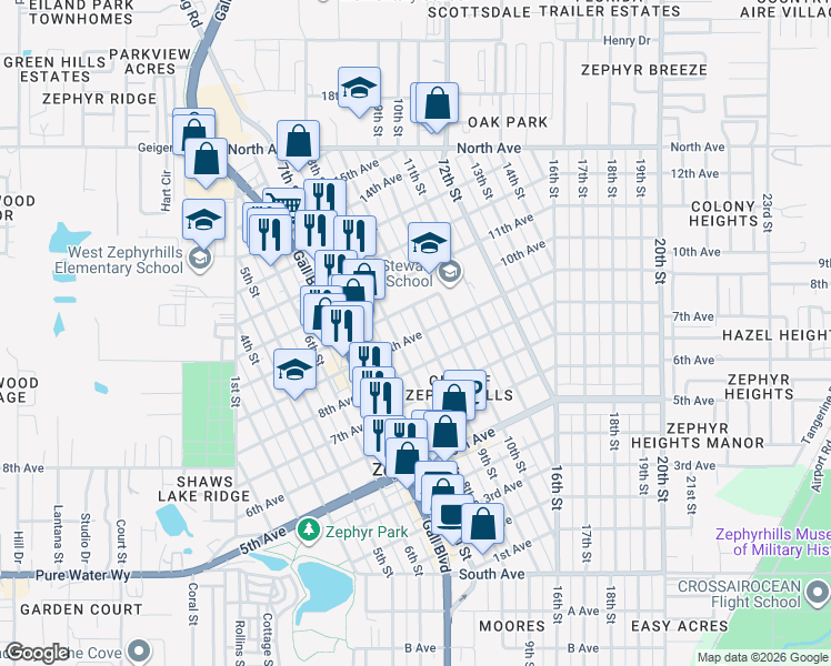 map of restaurants, bars, coffee shops, grocery stores, and more near in Zephyrhills