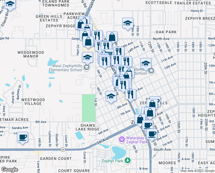 map of restaurants, bars, coffee shops, grocery stores, and more near 38048 12th Avenue in Zephyrhills