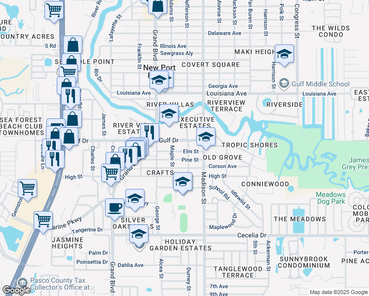 map of restaurants, bars, coffee shops, grocery stores, and more near 5511 Executive Drive in New Port Richey