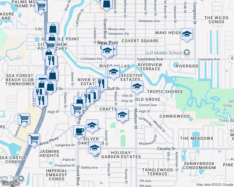 map of restaurants, bars, coffee shops, grocery stores, and more near 5511 Executive Drive in New Port Richey
