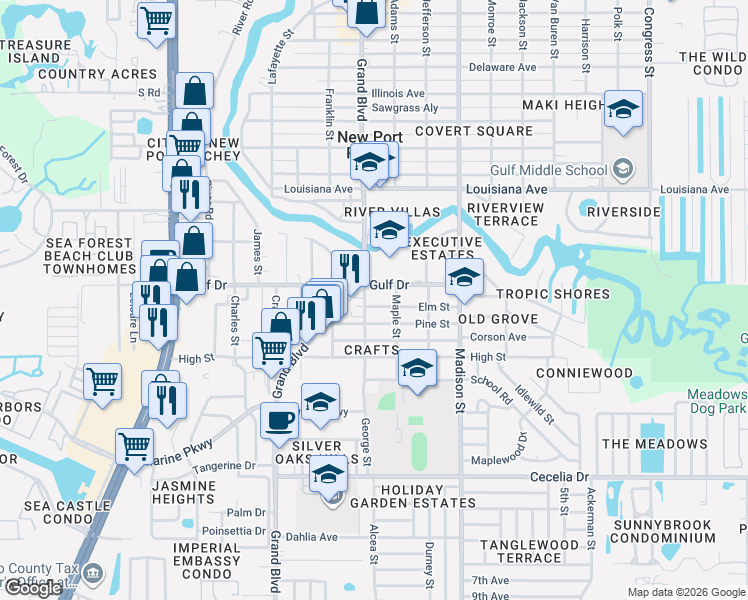 map of restaurants, bars, coffee shops, grocery stores, and more near 5520 Grand Boulevard in New Port Richey