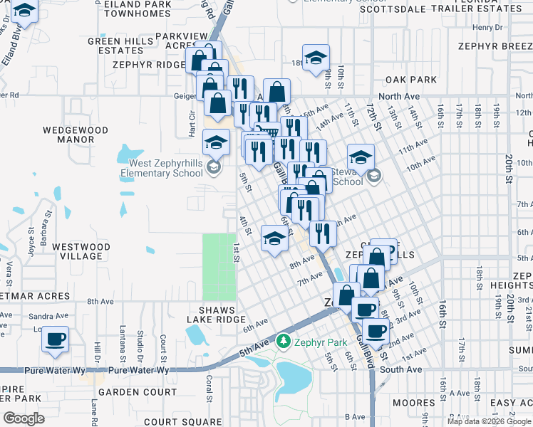 map of restaurants, bars, coffee shops, grocery stores, and more near 5536 5th Street in Zephyrhills