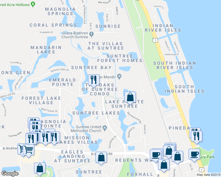 map of restaurants, bars, coffee shops, grocery stores, and more near 624 Casa Grande Drive in Melbourne