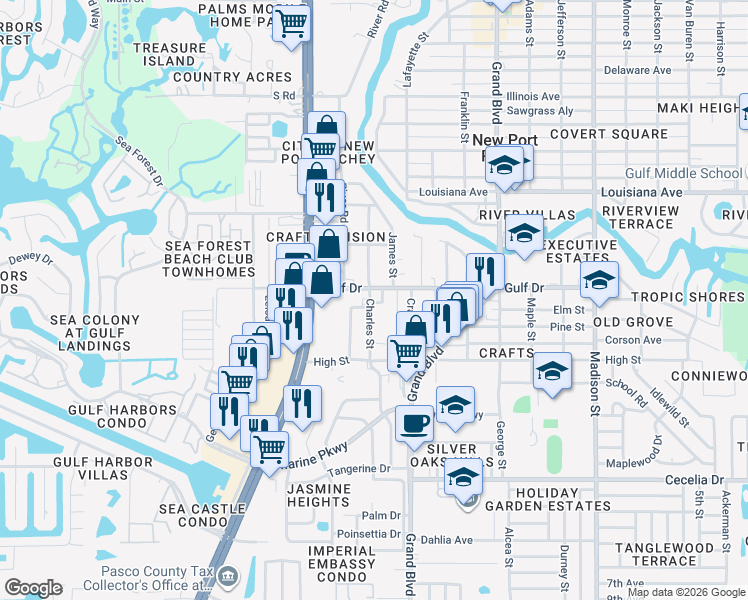map of restaurants, bars, coffee shops, grocery stores, and more near in New Port Richey