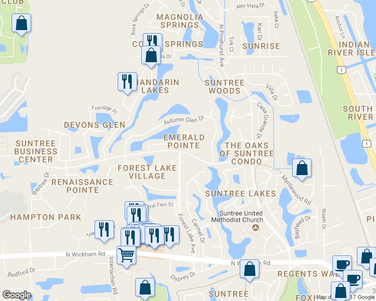 map of restaurants, bars, coffee shops, grocery stores, and more near 7697 Candlewick Drive in Melbourne