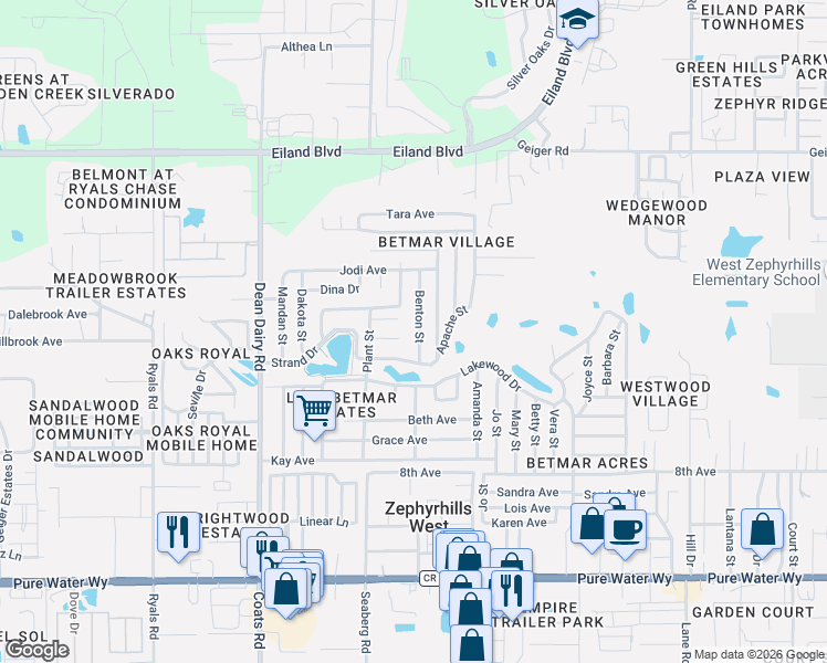 map of restaurants, bars, coffee shops, grocery stores, and more near 5541 Benton Street in Zephyrhills