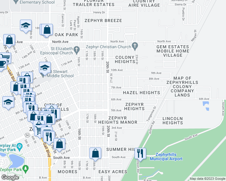 map of restaurants, bars, coffee shops, grocery stores, and more near 5530 21st Street in Zephyrhills