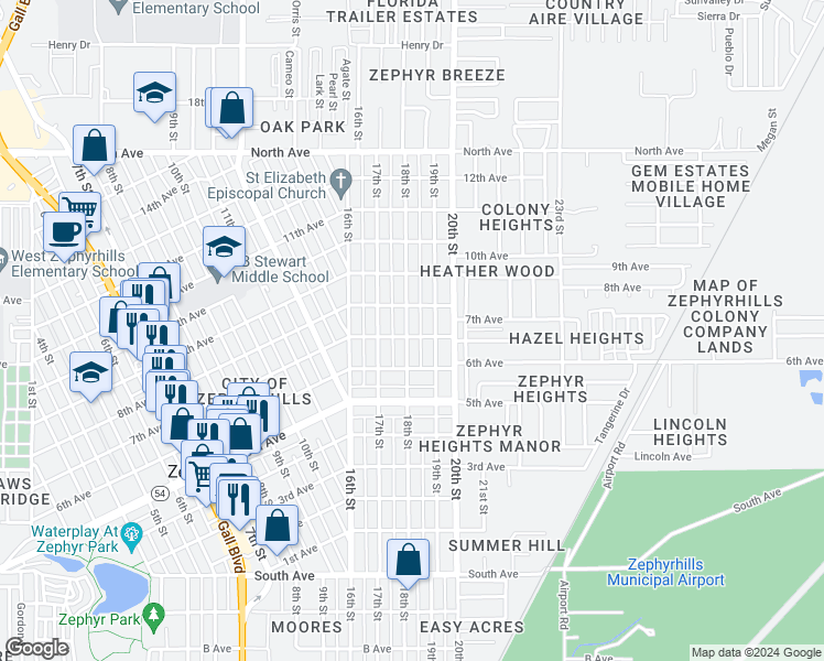 map of restaurants, bars, coffee shops, grocery stores, and more near 5540 18th Street in Zephyrhills