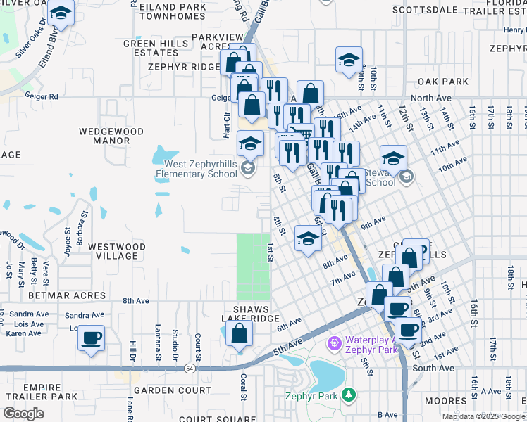 map of restaurants, bars, coffee shops, grocery stores, and more near 5610 1st Street in Zephyrhills