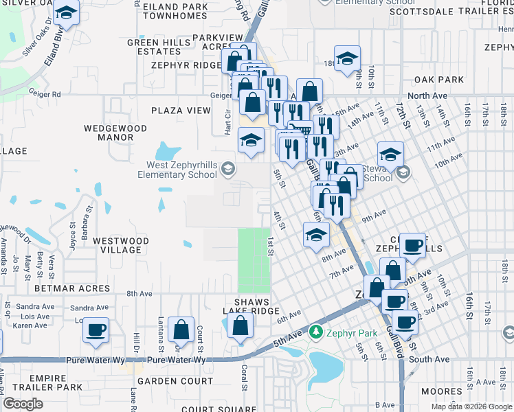map of restaurants, bars, coffee shops, grocery stores, and more near 5611 1st Street in Zephyrhills